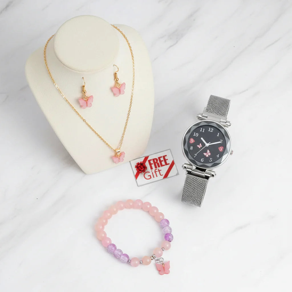 Women Butterfly Silver Analog Watch with Jewellery Set | neomarketshop