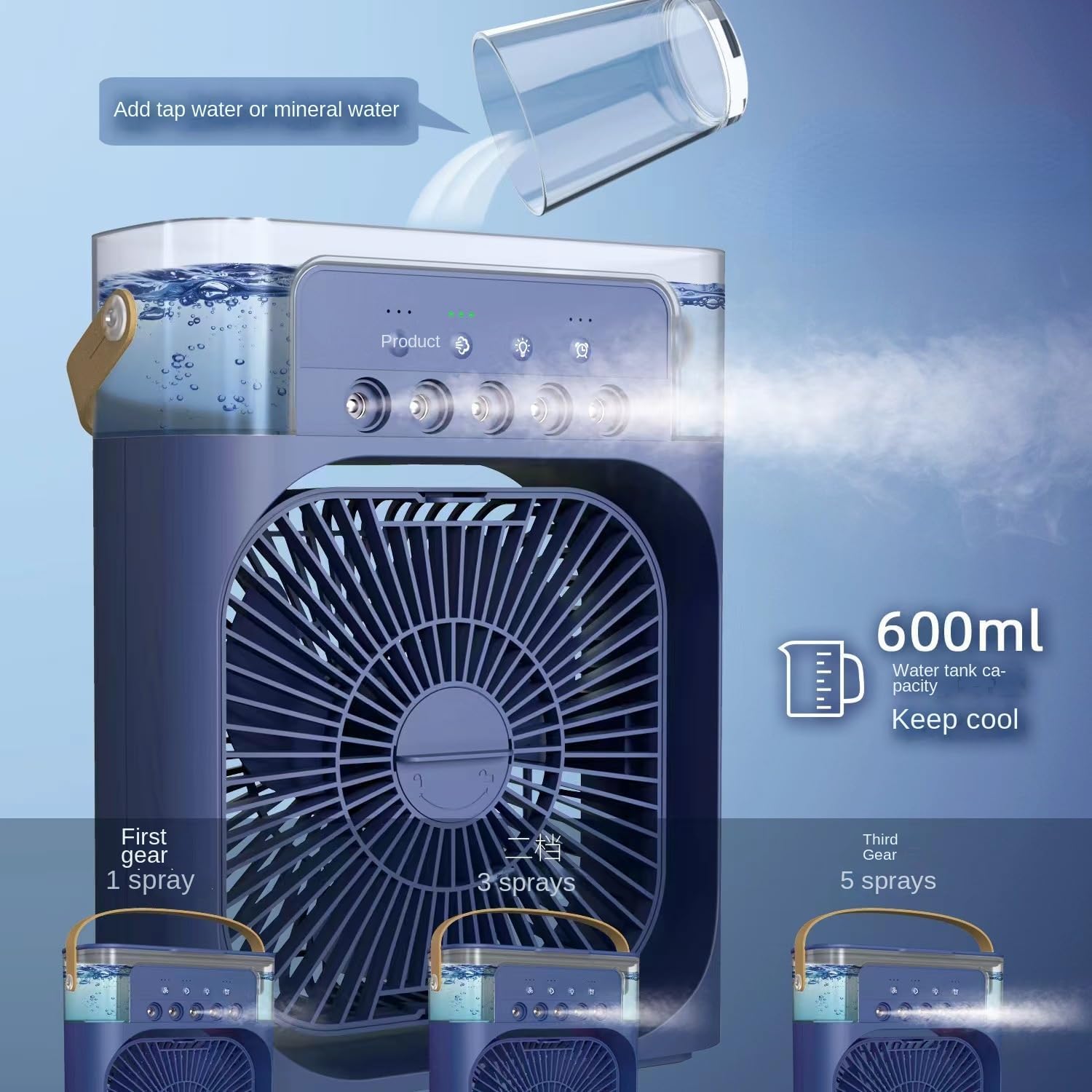 3-in-1 Portable Air Conditioner Fan with 600ML water tank for personal cooling and misting.