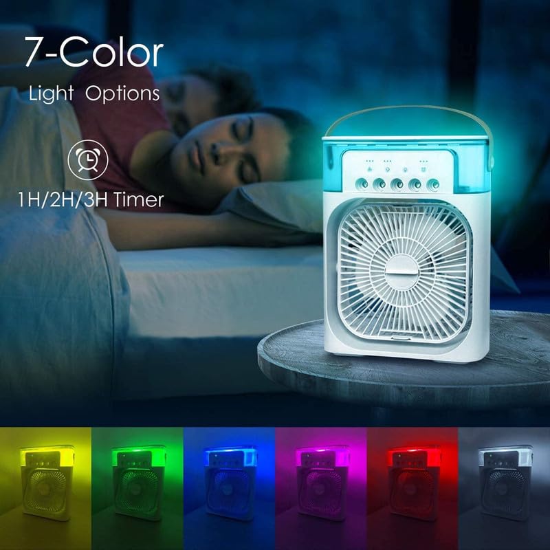 A 3-in-1 Portable Air Conditioner Fan with 7 color light options beside a person sleeping.