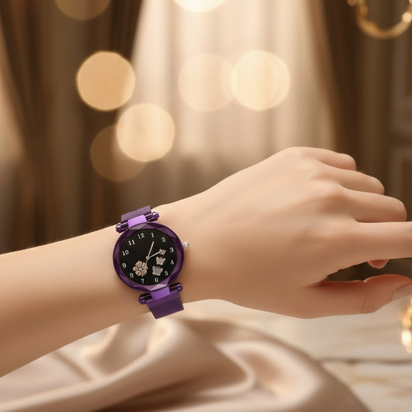 Women’s Butterfly Design Purple Analog Watch with Bracelet, Necklace, and Earrings Combo Gift Set featuring elegant jewelry and stylish watch for special occasions