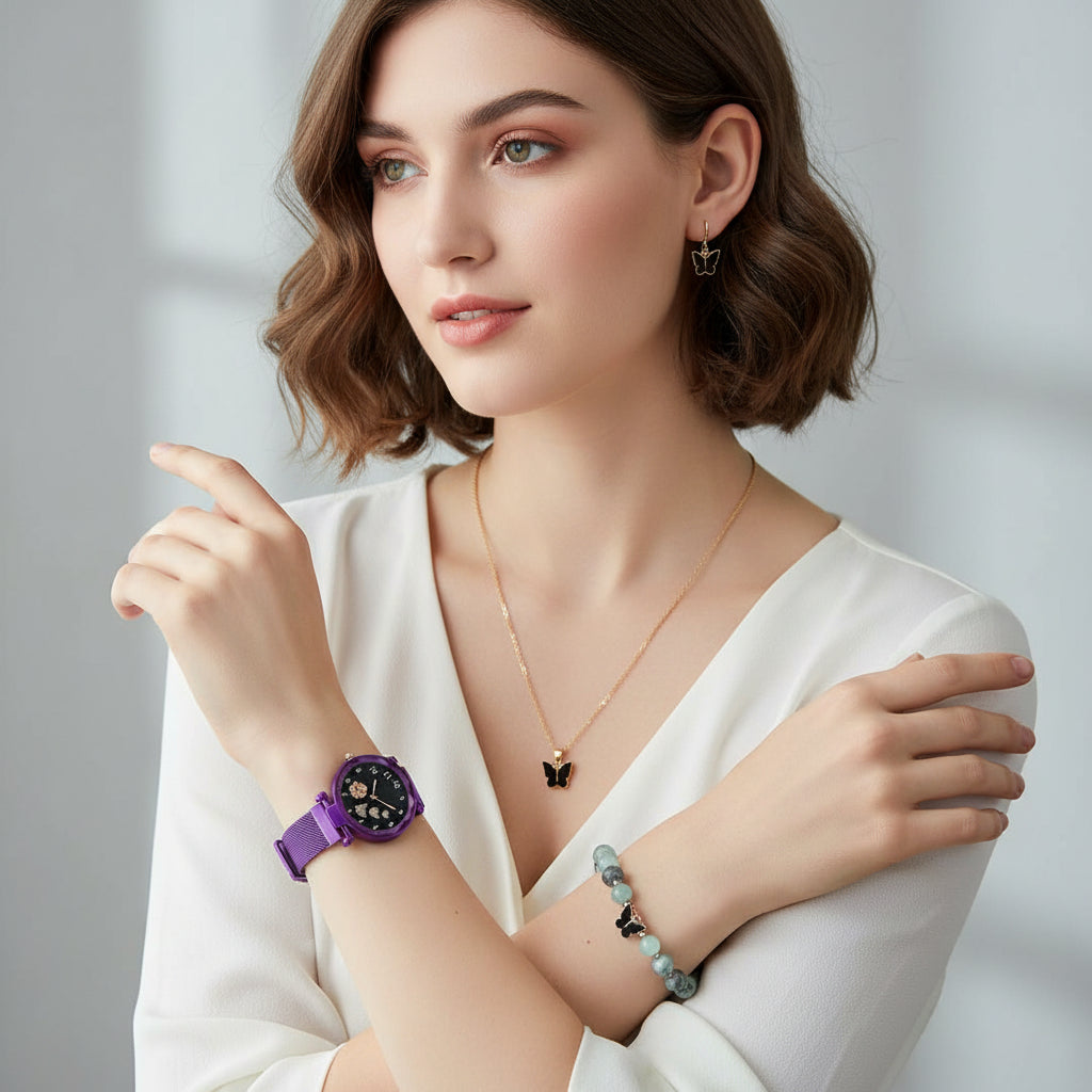 Women’s Butterfly Design Purple Analog Watch with Bracelet, Necklace, and Earrings Combo Gift Set featuring elegant jewelry and stylish watch for special occasions