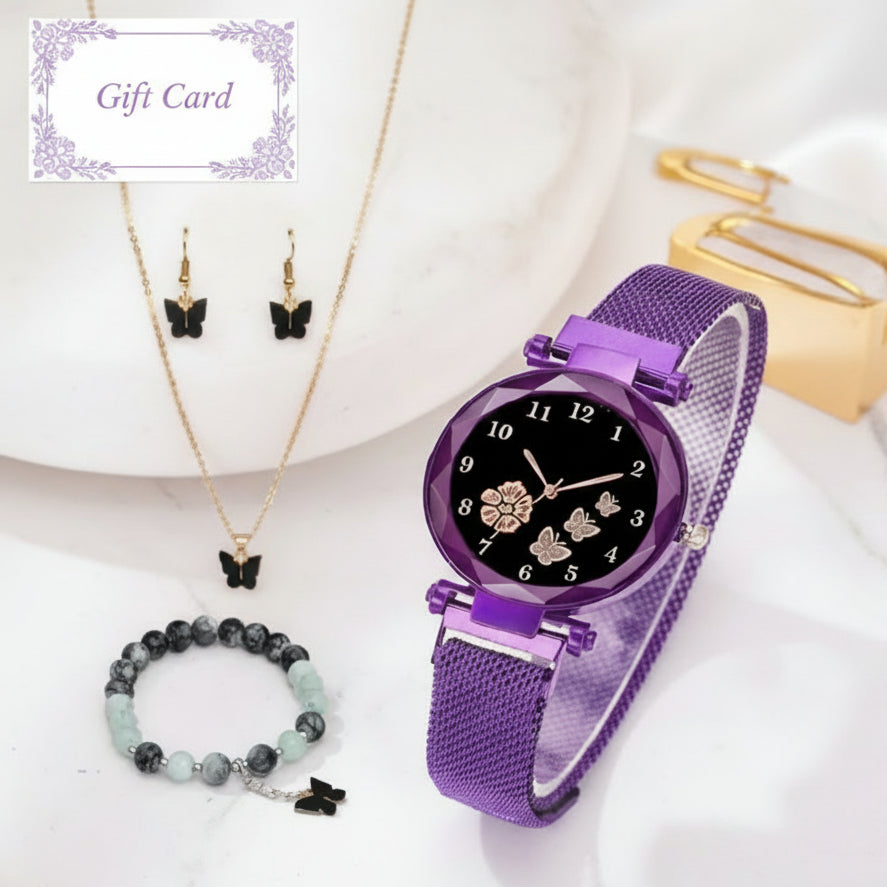 Women’s Butterfly Design Purple Analog Watch with Bracelet, Necklace, and Earrings Combo Gift Set featuring elegant jewelry and stylish watch for special occasions