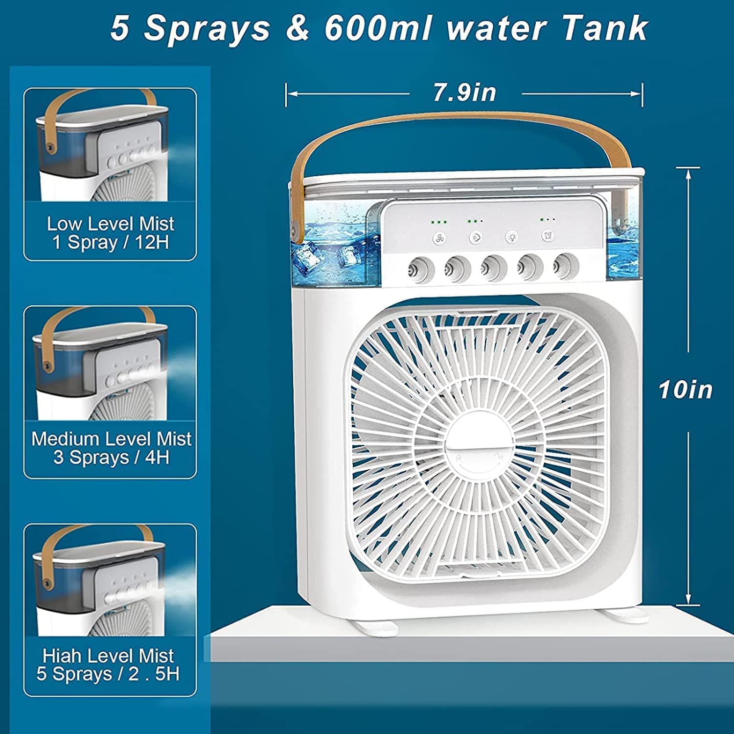 3-in-1 Portable Air Conditioner Fan with 600ml water tank and adjustable mist levels.