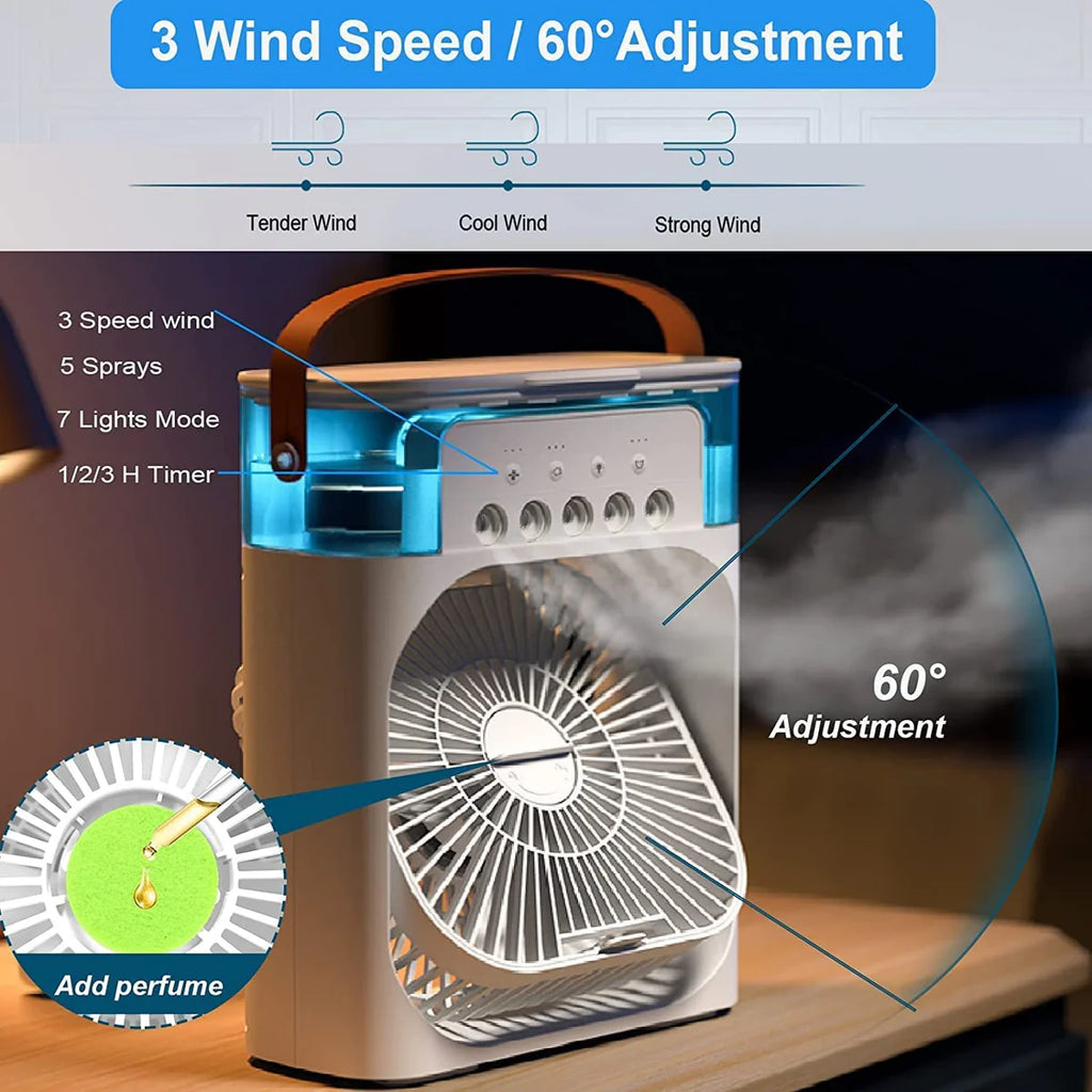 3-in-1 Portable Air Conditioner Fan with 3 wind speeds and 60° adjustment features for personalized cooling.