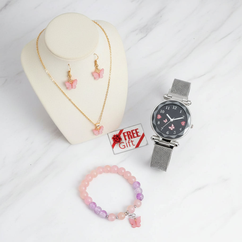 Women’s Butterfly Design Silver Color Analog Watch with Bracelet, Necklace, and Earrings Combo Gift Set featuring elegant jewelry and stylish watch