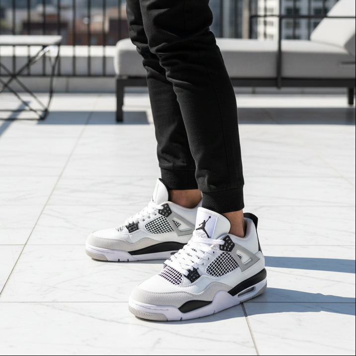 Jordan Retro 4 – Semi UA premium leather sneakers in white-red with top-quality build, comfort, and stylish design.