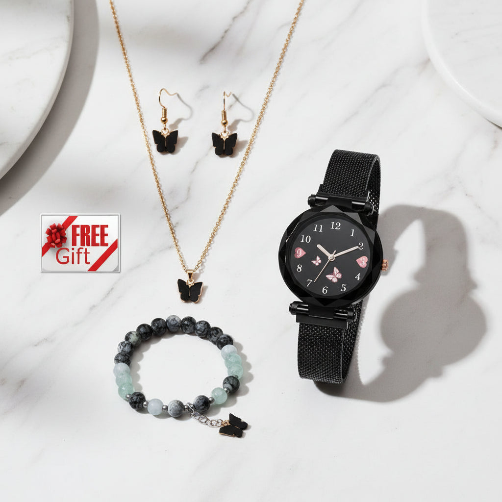 Women’s Butterfly Design Analog Watch with Bracelet, Necklace, and Earrings Combo Gift Set featuring elegant jewelry and stylish watch for special occasions