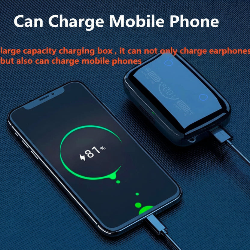 M19 Bluetooth 5.1 TWS Earbuds – Wireless stereo earphones in black with clear sound, long battery, and comfy fit.