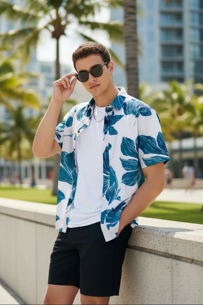 Men’s Printed Half Sleeves Cotton Casual Shirt White and Blue with soft breathable fabric and stylish print for comfortable daily and casual wear