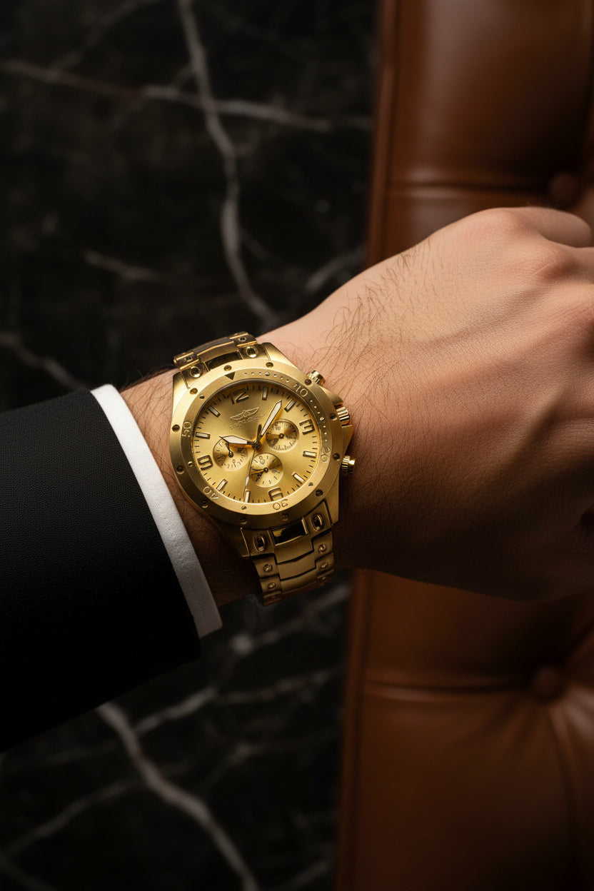 Men’s Golden Stainless Steel Analog Watch – 45mm chrono design with precise timekeeping, durable build, and premium style.