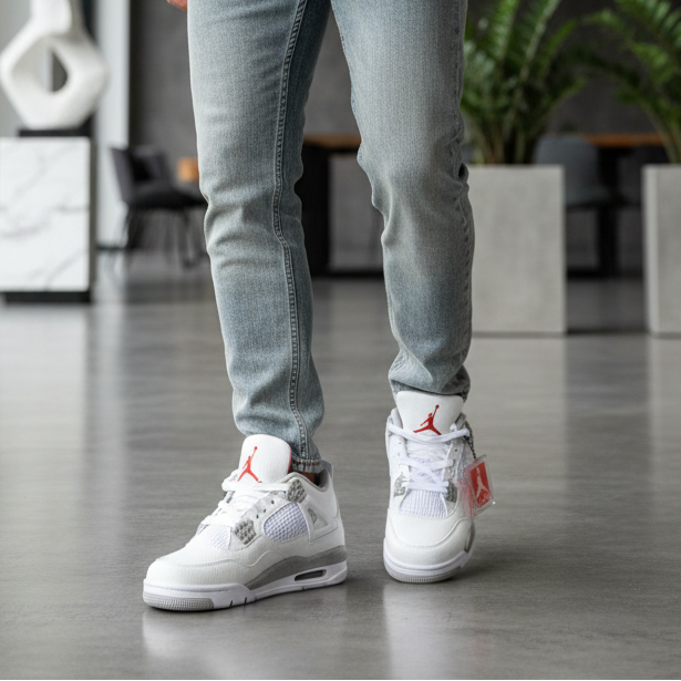 Jordan Retro 4 – Semi UA premium leather sneakers in white-red with top-quality build, comfort, and stylish design.