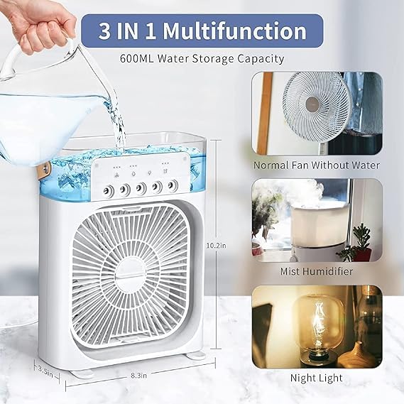 3-in-1 Portable Air Conditioner Fan with 600ML water tank for cooling, humidifying, and night lighting.