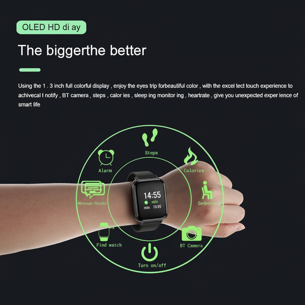 ID116 Plus Smart Fitness Tracker – Color screen smartwatch in black with heart rate, steps, sleep, and activity tracking.