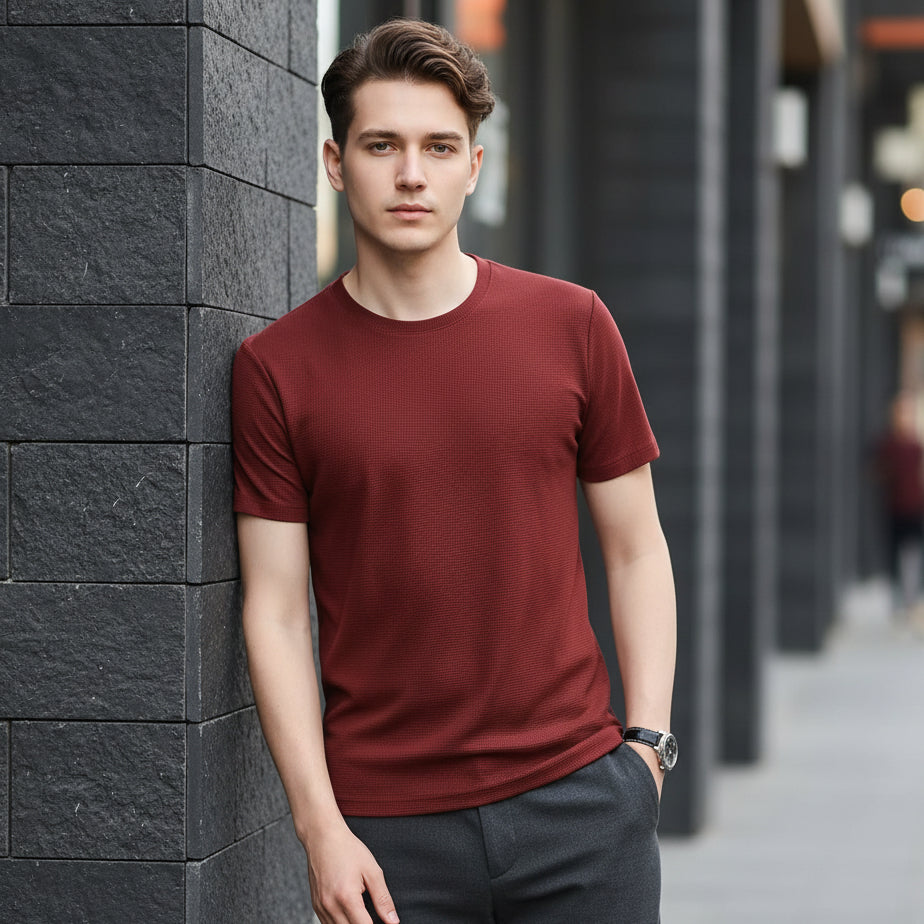 Men’s 4-Way Stretch Round Neck Poly Cotton T-Shirt with flexible fabric and comfortable fit for daily wear, casual outings, and active use