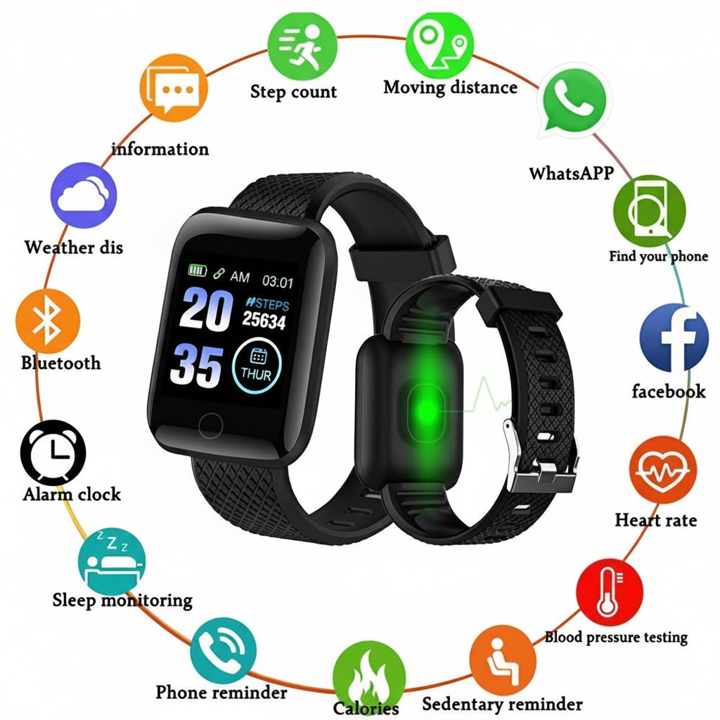 ID116 Plus Smart Fitness Tracker – Color screen smartwatch in black with heart rate, steps, sleep, and activity tracking.