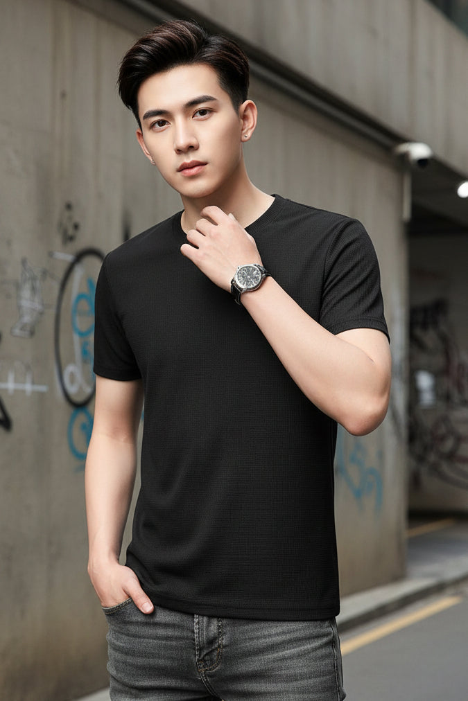 Men’s 4-Way Stretch Round Neck Poly Cotton T-Shirt with flexible fabric and comfortable fit for daily wear, casual outings, and active use