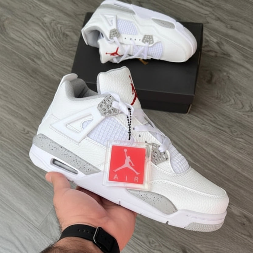 Jordan Retro 4 – Semi UA premium leather sneakers in white-red with top-quality build, comfort, and stylish design.
