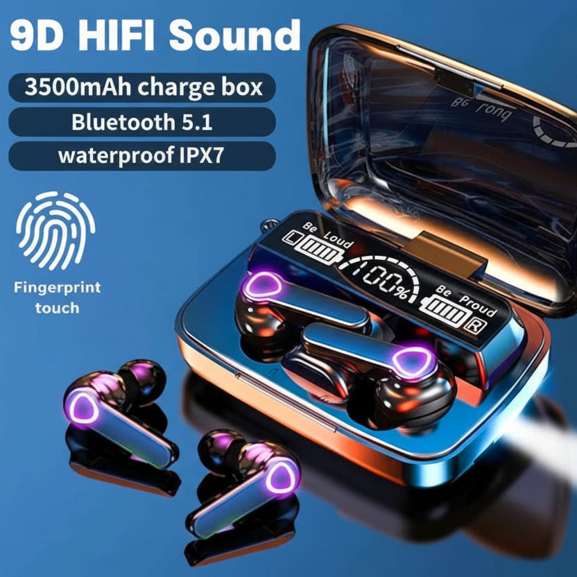 M19 Bluetooth 5.1 TWS Earbuds – Wireless stereo earphones in black with clear sound, long battery, and comfy fit.