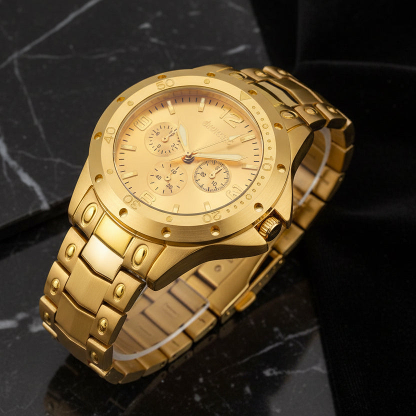 Men’s Golden Stainless Steel Analog Watch – 45mm chrono design with precise timekeeping, durable build, and premium style.