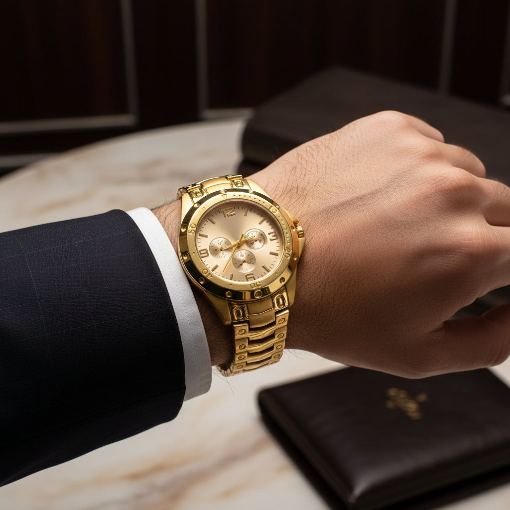 Men’s Golden Stainless Steel Analog Watch – 45mm chrono design with precise timekeeping, durable build, and premium style.