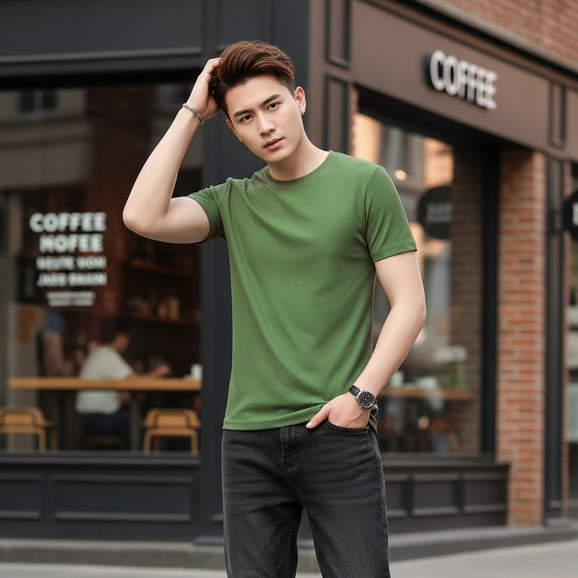 Men’s 4-Way Stretch Round Neck Poly Cotton T-Shirt with flexible fabric and comfortable fit for daily wear, casual outings, and active use