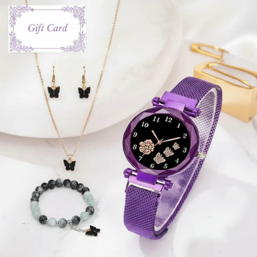 Women Butterfly Purple Analog Watch with Jewellery Set | neomarketshop