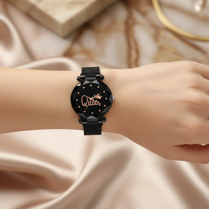Black Queen Analog Watch with Bracelet & Pendant