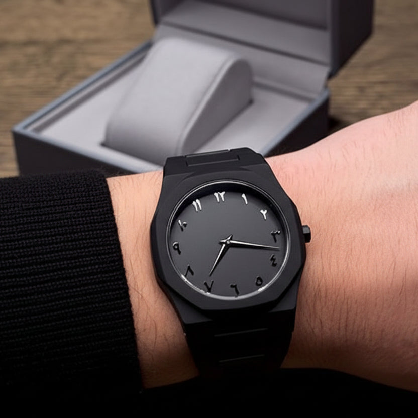 Matte Black Analog Wristwatch Eastern Arabic Dial