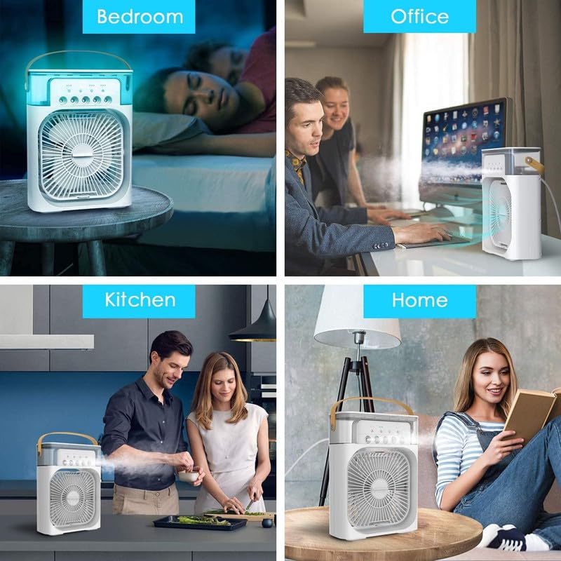 3-in-1 Portable Air Conditioner Fan used in bedroom, office, kitchen, and home for versatile cooling.