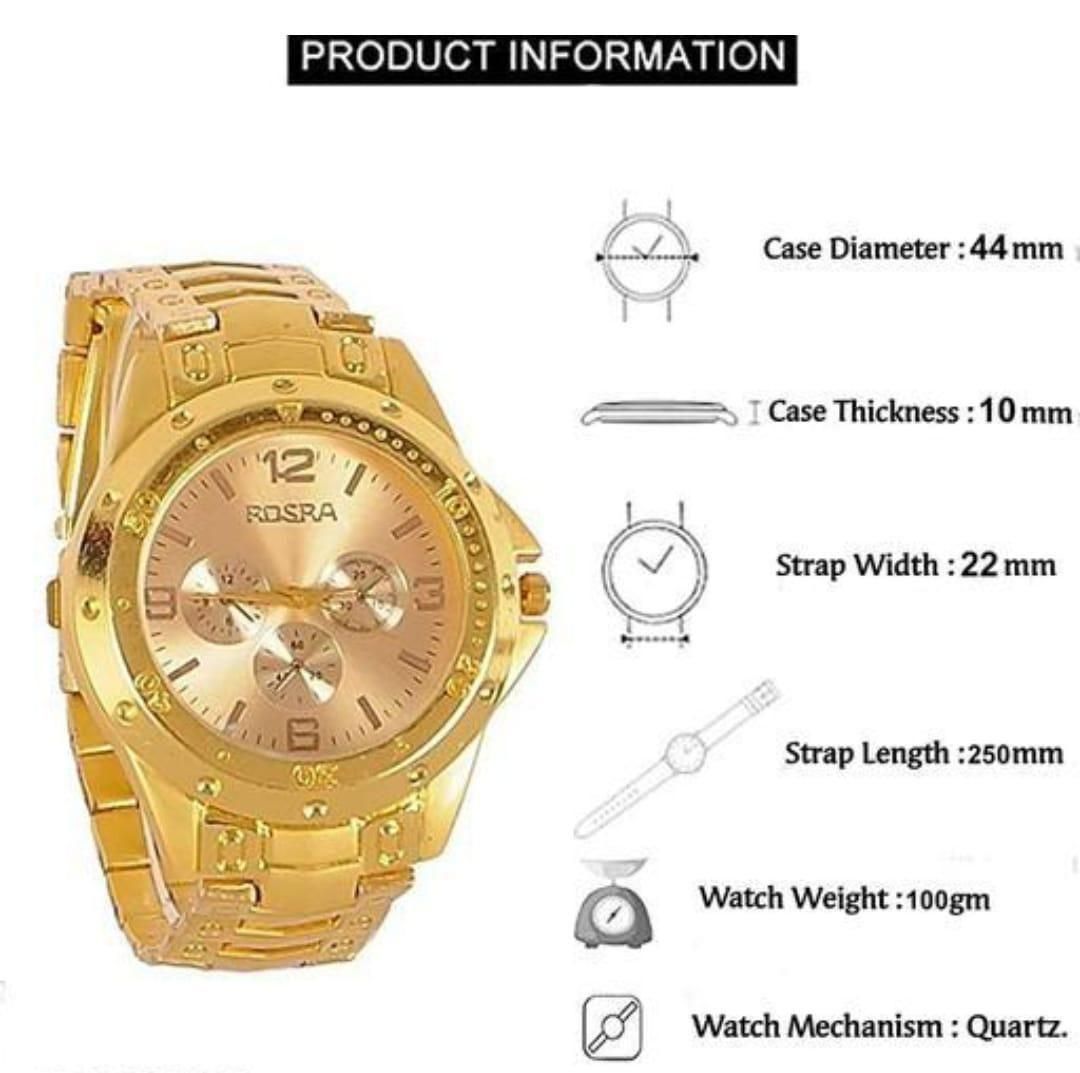 Men’s Golden Stainless Steel Analog Watch – 45mm chrono design with precise timekeeping, durable build, and premium style.