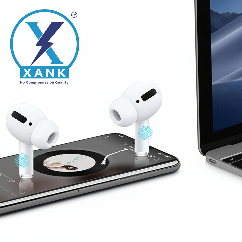 XANK Air-Pods Pro – True wireless earbuds with wireless charging case, clear sound, long battery, and comfy fit.