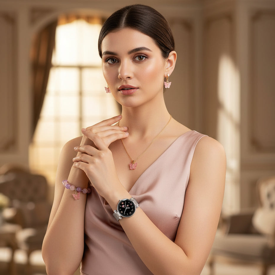 Women’s Butterfly Design Silver Color Analog Watch with Bracelet, Necklace, and Earrings Combo Gift Set featuring elegant jewelry and stylish watch