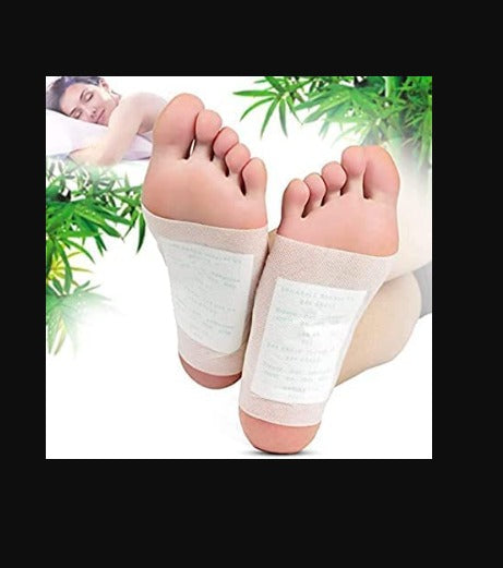 Detox Foot Patches on bare feet, designed for relaxation and wellness during sleep with natural ingredients.