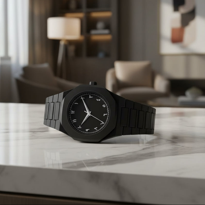 Matte Black Analog Wristwatch Eastern Arabic Dial