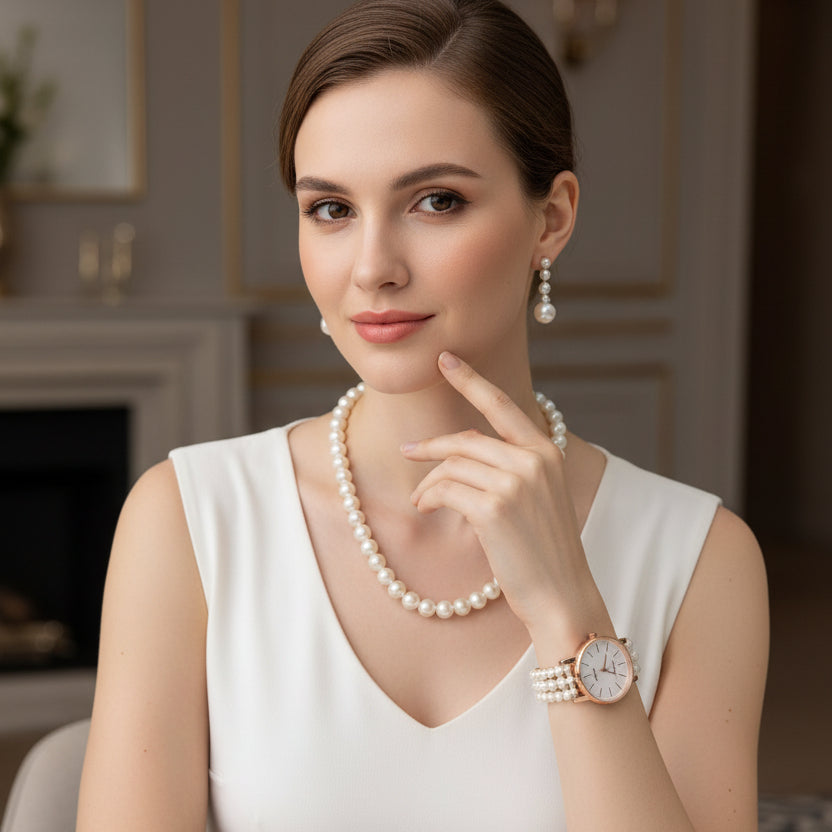 Pearl Studded and Beaded Jewellery Set with Analog Watch Elegant Combo for Women with stylish design for festive and casual wear