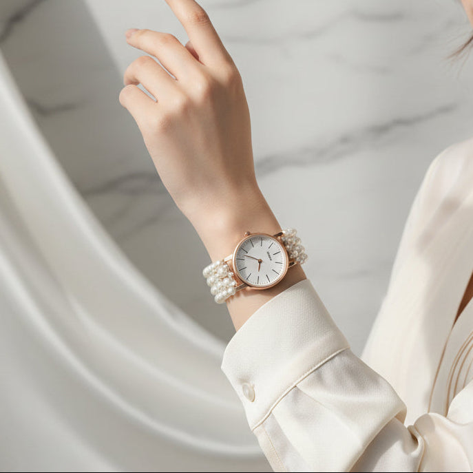 Pearl Studded and Beaded Jewellery Set with Analog Watch Elegant Combo for Women with stylish design for festive and casual wear