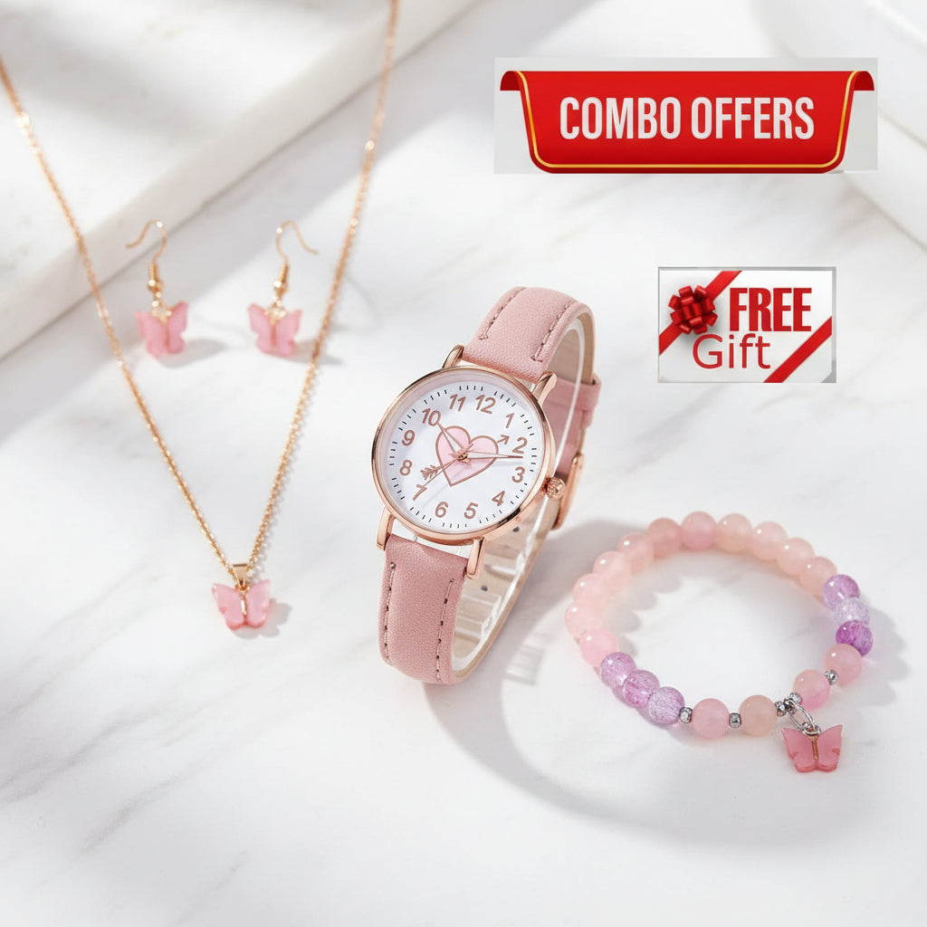 Flower Combo Wrist Watch with White Dial Pink Strap Analog Watch, Bracelet, and Necklace for Girls Stylish Combo Set for daily and festive wear