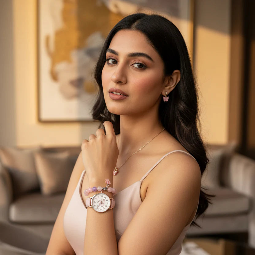 Flower Combo Wrist Watch with White Dial Pink Strap Analog Watch, Bracelet, and Necklace for Girls Stylish Combo Set for daily and festive wear