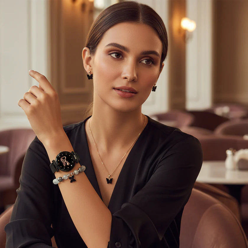 Women’s Butterfly Design Analog Watch with Bracelet, Necklace, and Earrings Combo Gift Set featuring elegant jewelry and stylish watch for special occasions