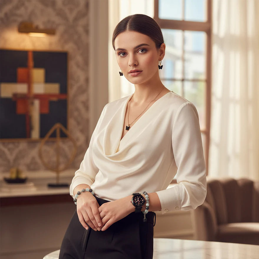 Women’s Butterfly Design Analog Watch with Bracelet, Necklace, and Earrings Combo Gift Set featuring elegant jewelry and stylish watch for special occasions