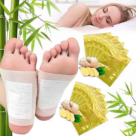 Detox Foot Patches applied to feet of a sleeping woman for relaxation and wellness.