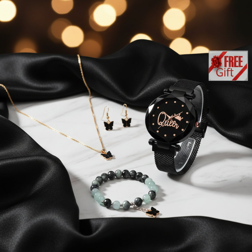 Women’s Butterfly Design Analog Watch with Bracelet, Necklace, and Earrings Combo Gift Set featuring elegant jewelry and stylish watch for special occasions