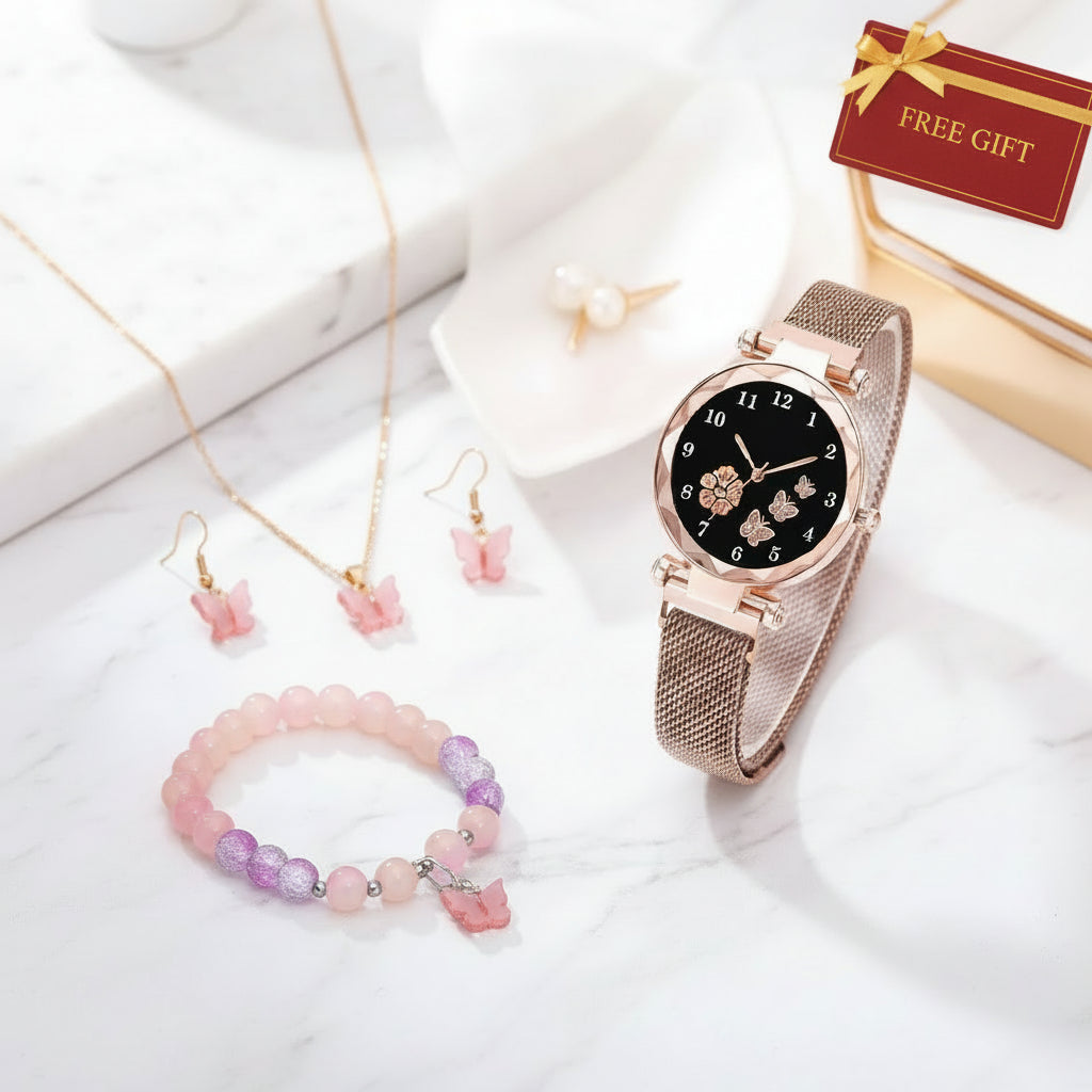 Flower Designer Women’s and Girls Analog Watch with Pink Bracelet Combo Set featuring stylish watch and matching bracelet for daily and festive wear