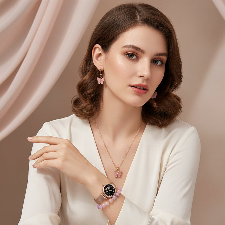 Flower Designer Women’s and Girls Analog Watch with Pink Bracelet Combo Set featuring stylish watch and matching bracelet for daily and festive wear