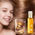 Fragrance Hair Care Essential Oil Spray next to a smiling woman with shiny, smooth hair.
