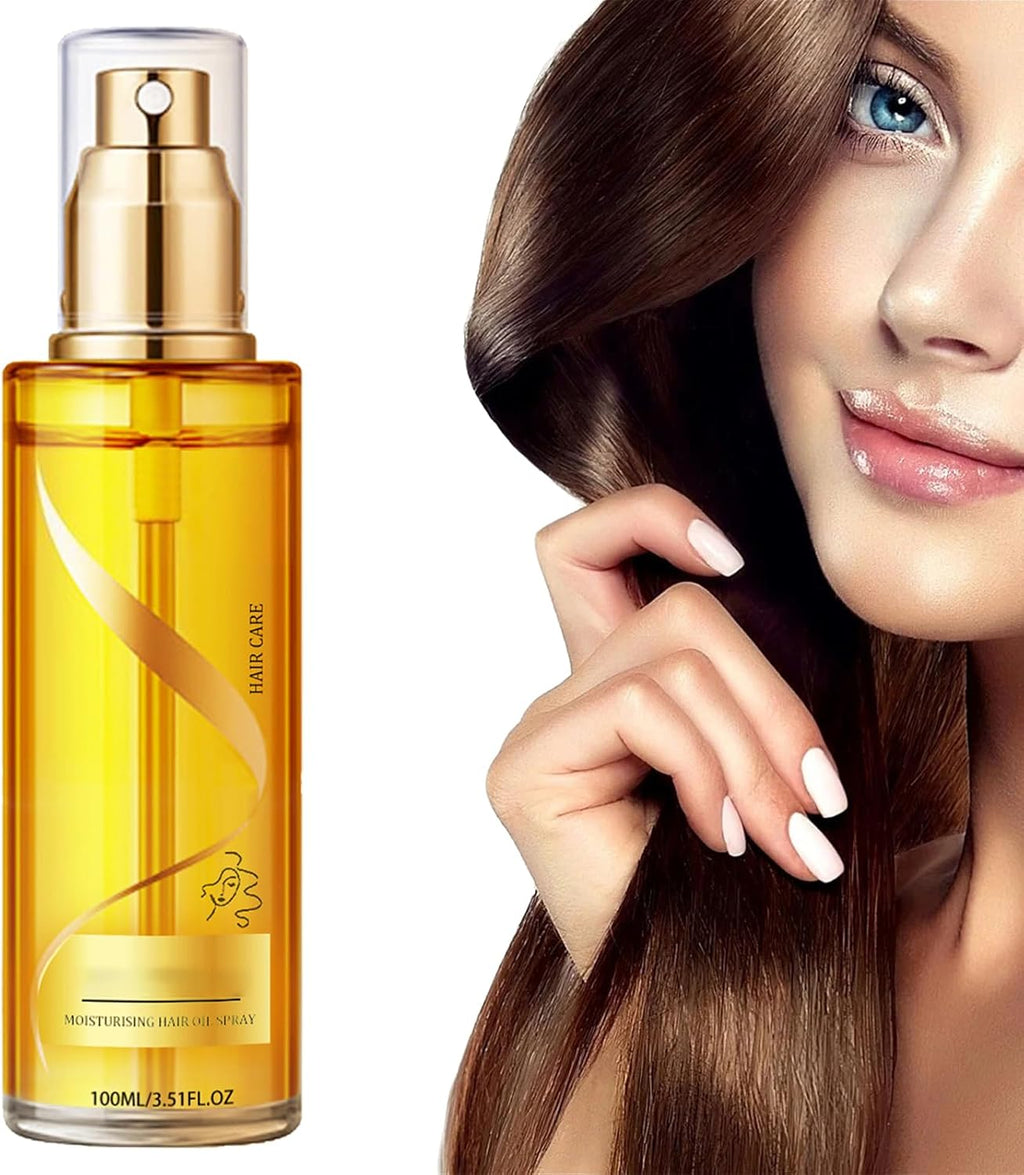 Fragrance Hair Care Essential Oil Spray bottle beside a woman with smooth, shiny hair, promoting hair nourishment.