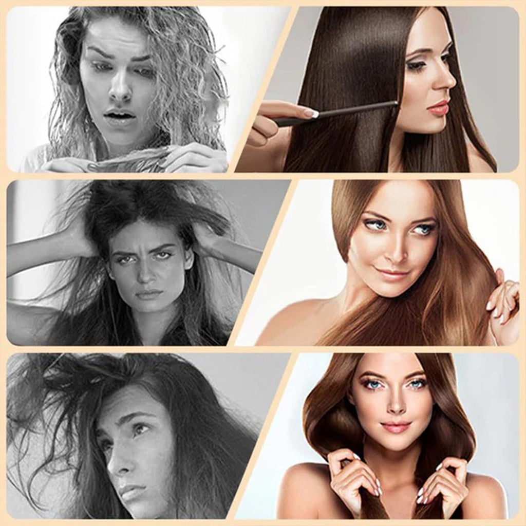Before and after transformation of hair using Fragrance Hair Care Essential Oil Spray showcasing smooth, shiny styles.