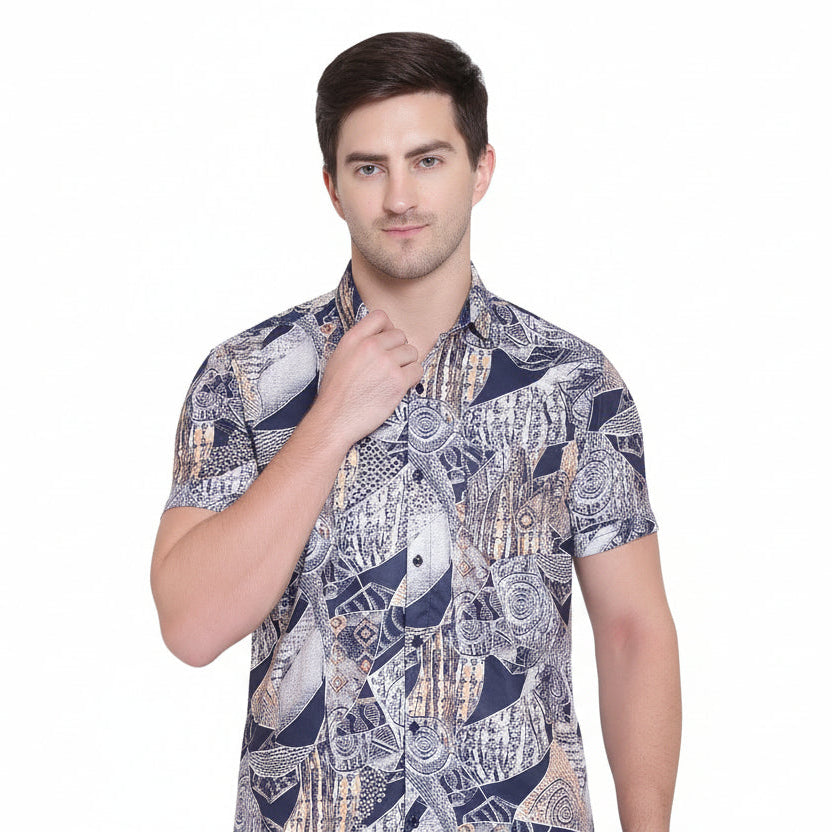 Men Regular Fit Printed Ribbed Collar Casual Shirt with stylish print and ribbed collar design for comfortable casual and smart wear