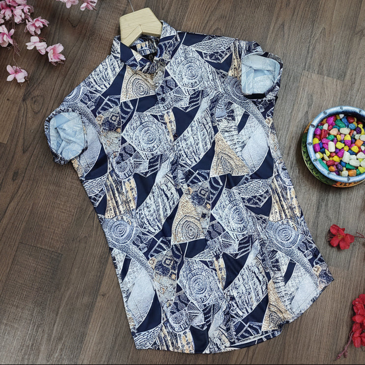 Men Regular Fit Printed Ribbed Collar Casual Shirt with stylish print and ribbed collar design for comfortable casual and smart wear