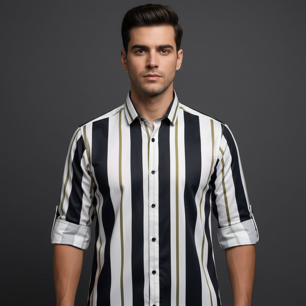 Men Regular Super Slim Fit Striped Cut Away Collar Casual Shirt with modern slim fit and stylish striped design for daily and smart casual wear